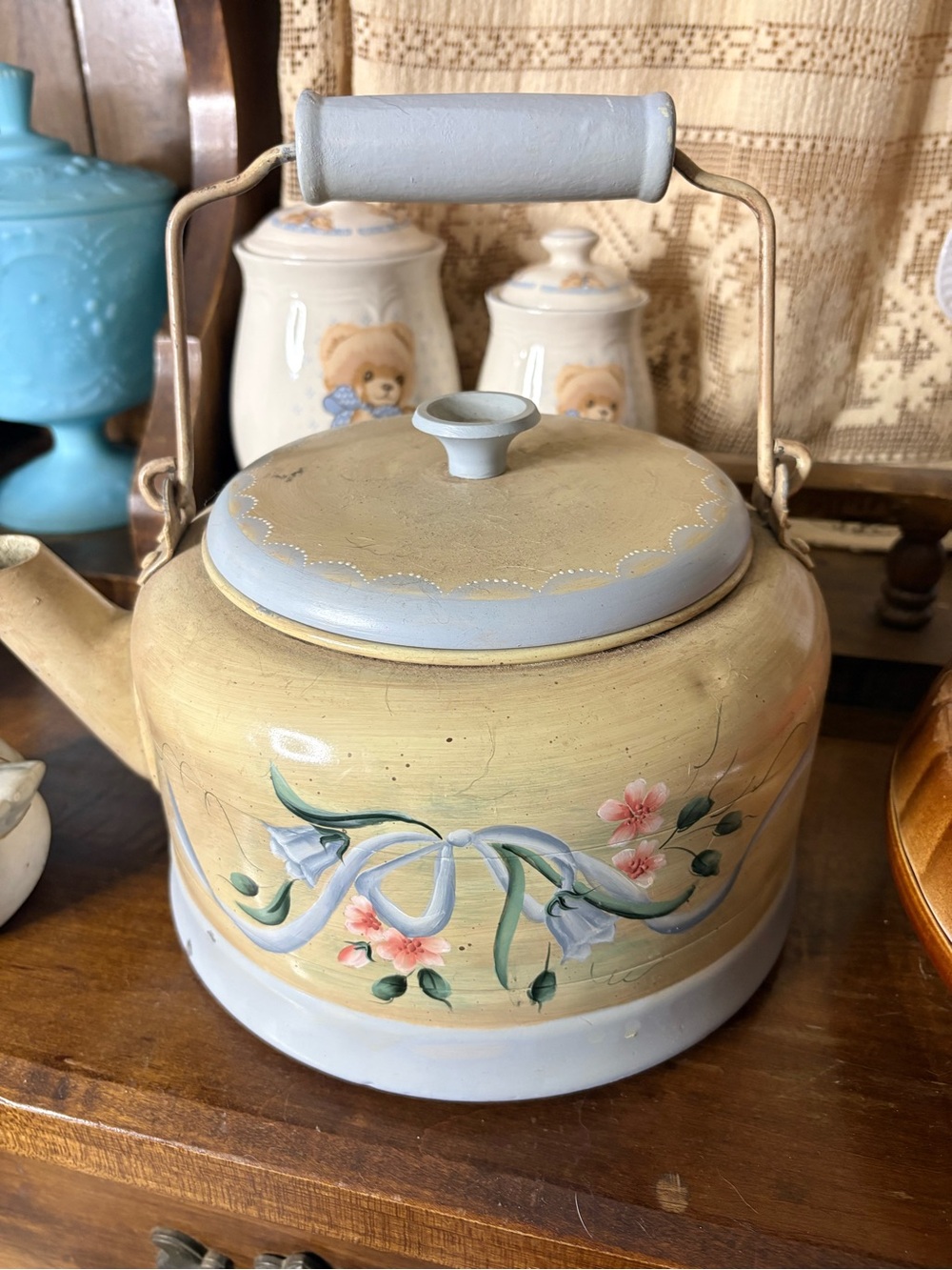 Hand-Painted Floral Ceramic Teapot - Pale Yellow and Light Blue DECORATIVE